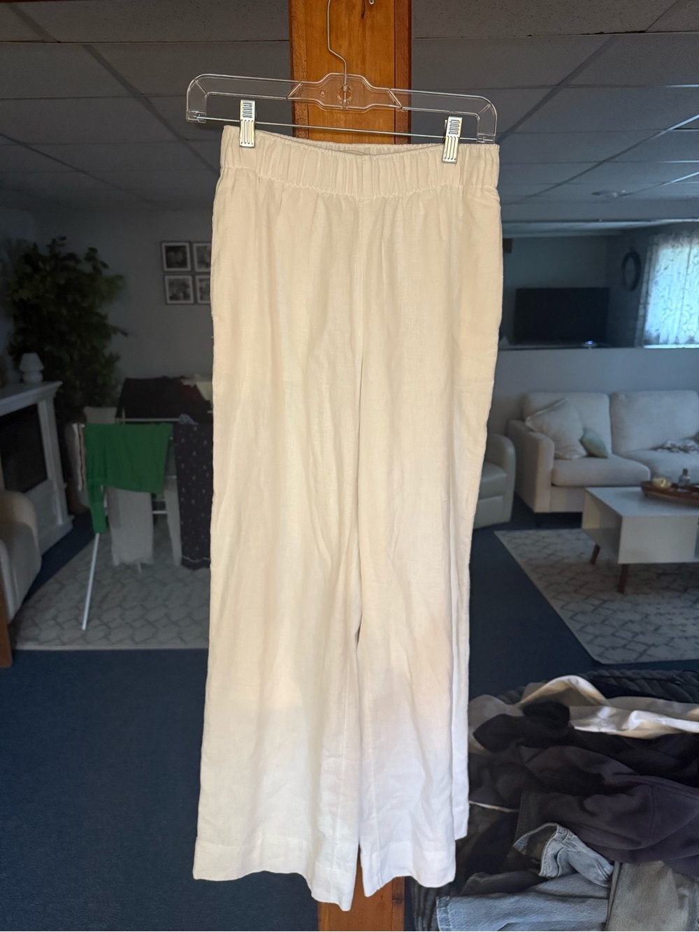 Abercrombie & Fitch White Elastic-Waist Wide-Leg Pants linen